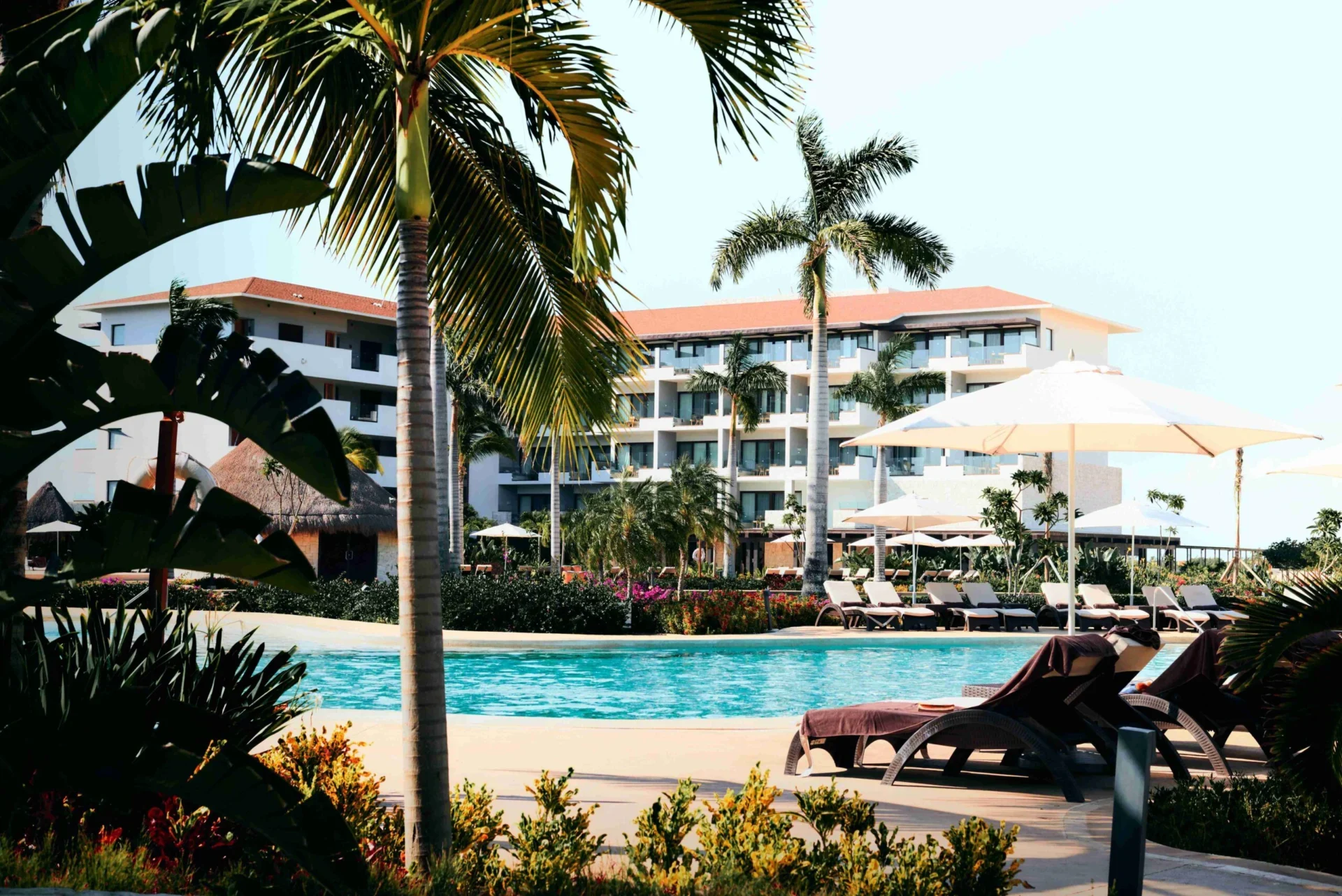 Seaside Resort View with Pools and Tropical Vegetation